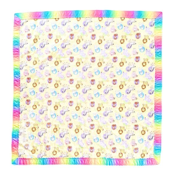 Vintage Handmade Precious Moments Animal Fleece Tie Dye Satin Trim Baby Blanket - Picture 8 of 10